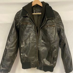 Men's Guess Faux Leather Bomber Jacket Size Small with Removable Hoodie